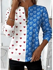 tanie Koszulki na Walentynki-Walentynki Damskie Podkoszulek Zamek Nadruk Serce Miłość Graficzny Bohema Tropikalny Hawajskie Długi rękaw W serek Zwykłe topy Codzienny Wyjściowe Weekend Niebieski Rumiany róż Czerwony Pomarańczowy