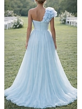 cheap Long Dresses &amp; Gowns-Ball Gown A-Line Floor Length Prom Dresses Elegant Sleeveless One Shoulder Prom Quinceanera Tulle Cowl Back with Embroidered Flower Ruffles Slit