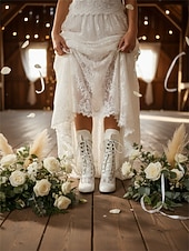 abordables novia-Botas victorianas blancas de media pantorrilla con cordones y tacón grueso para mujer: calzado de novia y fiesta de estilo eduardiano vintage de la década de 1900.