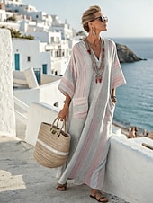  Naisten Maxi Mekko Pellavamaista Hengittävää Kevyet Aurinkomekko A-linjainen Mekko Lomamatka Vapaa-ajan Boho Ranta Ulkoiluksi Kukka Graafinen Geometrinen Pitkä Hiha V Kaula Blue Punainen Taivaan