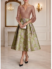 abordables Robes de cocktail-Ligne A Longueur thé Robes de Cocktail Robes de soirée Élégant ancien Manche 3/4 Col en V Mariage Formel Taffetas Jacquard avec Noeud(s) Plis