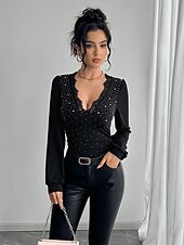 preiswerte Einfarbiges T-Shirt-Damen Oberteil mit Spitzenspleiß Spitze Strass Geraffte Seite Stilvoll Sexy Langarm V Ausschnitt Normale Oberteile Party-Abendmode Wochenende Schwarz Sommer Frühling Herbst