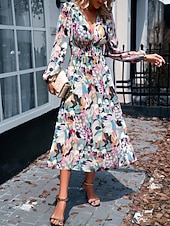 economico Abiti floreali-Per donna Abito Midi Abito a trapezio Vacanza Casual All'aperto Uscire Vestibilità regolare Floreale Manica Lunga Scollo a V Blu Verde Albicocca Estate Primavera Autunno