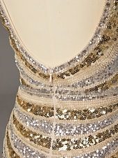 お買い得  シースイブニングドレス-タイト／コラム スイープ／ブラシトレーン フロア丈 ウェディングゲストドレス フォーマルドレス イブニングガウン イブニングドレス エレガント きらびやかな セレブスタイル ノースリーブ Ｖネック パーティー 結婚式 バックレス ととも​​に グリッター素材 スパンコール スリット