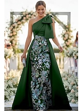economico Lunghezza del pavimento-Linea ad A Tubino Colonna Lunghezza al pavimento Perline ricamate Abito da invitata a nozze Abito Formale Abito da cerimonia per signora Senza Maniche Monospalla Elegante Vintage Lussuoso Formale Raso
