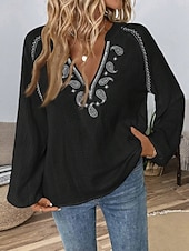 billige Enkle bluser-Dame Popover skjorte Uformell skjorte Bluse Broderi Paisly Elegant Bohem Fritid Langermet V-hals Vanlige topper Daglig utendørs Ferie Svart Hvit Navyblå Grønn Sommer Vår