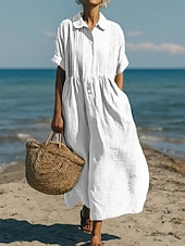 abordables Vestidos-Mujer Vestido Midi Vestidos con tacto de lino Vestido de Camisa Vestido Kaftan Moda Moderno Diario Exterior Vacaciones Ajuste regular Plano Manga Corta Cuello Camisero Azul Piscina Negro Blanco Verde