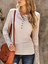 economico Top in Pizzo-Per donna Camicia Blusa Top in pizzo Pizzo Bottoni Semplice Elegante Classico Moderno Manica Lunga Scollo a V Top Regolari Quotidiano Ferie Uscire Albicocca Estate Primavera