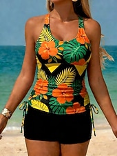 baratos Tankinis-Mulheres Roupa de Banho Tankini 2 partes Cintura Alta roupa de banho Compressão abdominal Cintura Alta Delgado Frente Única Férias Roupa de Praia Floral Decote U Sem Manga Fatos de banho