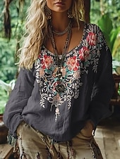 economico Tops Boho-Per donna Camicia Camicia Boho Blusa Stampato Floreale Grafico Bohemien Elegante Classico Manica Lunga Scollo a V Top Regolari Quotidiano Ferie Uscire Grigio scuro Estate Primavera Autunno