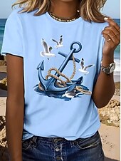 economico Maglietta Arte &amp; Design-Per donna Maglietta Stampato Grafico Ancora Vintage Elegante Classico Manica Corta Girocollo Top Regolari Quotidiano Weekend Blu Bianco Estate Primavera