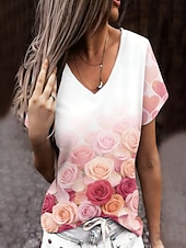 cheap Floral tee-Valentine's Day Women's T Shirt Tee Top Print Floral Graphic Stylish Classic Casual Short Sleeve V Neck Regular Tops Daily Going out Weekend Pink Rose Pink Summer Spring