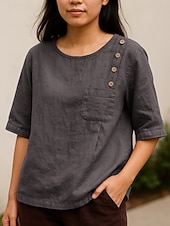 cheap Plain Blouses-Women's Blouse Faux Linen Shirt Pocket Buttons Plain Basic Casual Half Sleeve Crew Neck Regular Tops Daily Blue Red Green Gray Summer Spring