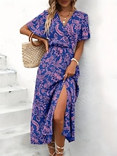 economico Abiti casual floreali-Per donna Abito Lungo Maxi Abito Abito Floreale Abito Boho Elegante Moda Moderno Quotidiano All'aperto Vacanza Vestibilità regolare Floreale Manica Corta Scollo a V Viola Verde Estate Primavera