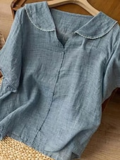 billige Enkle bluser-Damer Lin Lignende Fausk Sød Bomull Linned Skjorter Knapper Enfarget Daglig Basis Uformell Halv Ermet Skjorte Krage Regelmessige Topper Daglig Blå Hvit Rosa Oransje Grønn Sommer Vår Høst