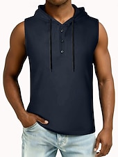 お買い得  ベーシックTシャツ-男性 ベストトップ ヘンリーパーカー ティートップ ノースリーブ フード付き 夏 純色 平織り ファッション デザイナー ベーシック ボタン フード付き カジュアル バケーション ストリート ブルー ブラック ホワイト メンズトップTシャツ