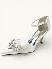 abordables novia-Elegantes zapatos de novia de satén con detalle de diamantes de imitación para mujer: punta puntiaguda, tacón bajo, tira al tobillo y varios colores.