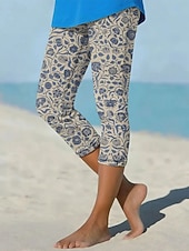 cheap Floral Print-Women's Graphic Slim Capri Pants Vacation Basic Athleisure Calf-Length Medium Waist Comfort Stretchy Vacation Formal Street rice white Khaki Summer Spring Slim Fit