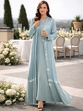 baratos Sety šatů pro maminky-Two Piece A-Line Floor Length Wedding Guest Dress Mother of the Bride Dress Long Sleeve Boat Neck Elegant Simple Luxurious Formal Satin Organza with Crystals