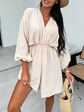 preiswerte Weiße Freizeitkleider-Damen Minikleid Weißes Kleid Mode Modern Outdoor Strand Urlaub Normale Passform Einfach Kurzarm V Ausschnitt Schwarz Orange Khaki Rosenrot Sommer Frühling Herbst