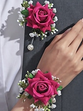 cheap Wedding Accessories-Women's Bridesmaid and Groomsman Corsage and Boutonniere Set, Available in Multiple Colors, Polyester Material, Perfect for Weddings and Parties