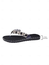 billiga Slide Sandaler-Damflip-flops med genomskinliga stringtrosor och guldfärgade detaljer &amp;vita strassdetaljer – eleganta juvelutsmyckade platta sandaler för strandsemester och avkoppling vid poolen