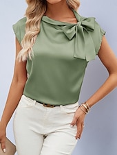 billiga Kostymblusar-Dam Skjorta Satinskjorta Blus Slät Stylish Grundläggande Klassisk Kortärmad Knyt hals Vanliga toppar Dagligen Helgdag Utekväll Gul Ljusgrön Orange Grön Sommar Vår
