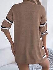 billiga Enkla blusar-Dam Skjorta Blus Stickad Randig Stylish Klassisk Modern Halvlång ärm V-hals Vanliga toppar Dagligen Helgdag Utekväll Vin Brun Kaki Sommar Vår