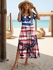 billiga Självständighetsdag Klänning-Självständighetsdagen Patriotisk Kvinnors Maxi Klänning T-shirt Klänning T-shirt Klänning Sommardress Casual Fjäril Ärmar Strand Lös Passform Grafisk Geometrisk Flagga Kortärmad Crewneck Vit Ljus Röd