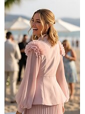 preiswerte Semi-formal / Cocktail-Zweiteilig A-Linie Knöchellänge Kleid für Hochzeitsgäste Kleider für Hochzeitsgäste Elegant Vintage Täglich Langarm Revers Gartenparty Hochzeit mit 3D-Blumen Falten