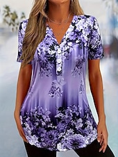 Χαμηλού Κόστους Floral μπλουζάκι-Γυναικείο T-Shirt Μοτίβο Λουλουδιών Vintage Καθημερινό Μικρό Μανίκι V Λαιμό Καθημερινά Ράβδοι Μοτίβο Μπλε Ροζ Μωβ Πράσινο Καλοκαίρι Άνοιξη