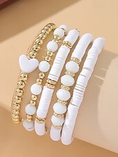 お買い得  レディースブレスレット-女性用ボヘミアンアクリルビーズブレスレットセット、ハートチャーム付きマルチカラーストレッチバングル、バレンタインデーのギフトや普段使いに最適な軽量重ね付け可能なブレスレット