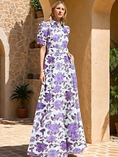 cheap A-Line Evening Dresses-A-Line Floor Length Evening Gown Ball Gown Formal Dress Celebrity Style Short Sleeve Shirt Collar Garden Party Formal Belt / Sash with Floral Print