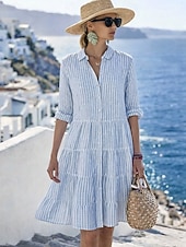 economico Vestito Semplice-Per donna Mini Abito Abito a Tubino Abito Estivo Casual Quotidiano Vestibilità regolare A righe Manica Lunga Bavero Blu Giallo Rosa Rosso Estate Primavera Autunno