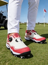 cheap Men's Golf Shoes-Men's Red and White Golf Shoes with Shock Absorption, Comfortable Footwear for Golf &amp; Active Lifestyles