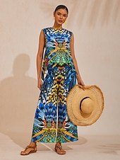 preiswerte Grafiktank-Dschungel-Wildparty-Top aus seidigem Satin mit Pfauenmuster