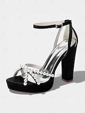 cheap Bride-Women's Ivory Platform Chunky Block Heel Sandals, Pearl-Embellished Ankle Strap Bridal Shoes for Church Weddings