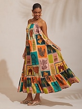 billige uformell kjole med trykk-Feriestrandelement løs passform i chiffong-camikjole