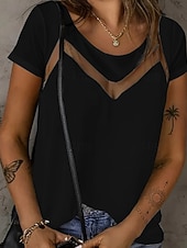 abordables Camiseta lisa-Mujer Camiseta Camiseta superior Encaje Plano Moda Elegante Clásico Manga Corta Cuello Barco Tops regulares Diario Noche Fin de semana Azul Piscina Negro Blanco Rojo Verano Primavera