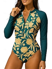 baratos Rash Guards de Uma Peça-Mulheres Anti Atrito Floral UPF50+ Secagem Rápida Leve Manga Longa Body Camisa de Natação Surfe Praia Esportes Aquáticos Verão