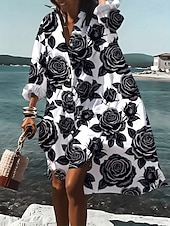 ieftine rochie florală-Pentru femei Rochii Midi Rochii Tip Cămașă Rochie casual Rochie de vară Elegant Vacanță Tropical Plajă Potrivire Largă Floral Manșon Lung Guler Cămașă Albastru piscină Negru Alb Vară Primăvară