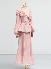 preiswerte Semi-formal / Cocktail-Zweiteilig A-Linie Knöchellänge Kleid für Hochzeitsgäste Kleider für Hochzeitsgäste Elegant Vintage Täglich Langarm Revers Gartenparty Hochzeit mit 3D-Blumen Falten