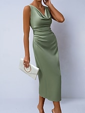preiswerte Einfaches Kleid-Damen Midikleid Satinkleid Partykleid Figurbetontes Kleid Elegant Mode Modern Outdoor Urlaub Ausgehen Normale Passform Einfach Ärmellos Wasserfallausschnitt Hellgrün Grün Aprikose Sommer Frühling