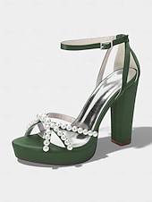 cheap Bride-Women's Ivory Platform Chunky Block Heel Sandals, Pearl-Embellished Ankle Strap Bridal Shoes for Church Weddings