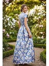 preiswerte Bodenlänge-A-Linie Bodenlang Hemdblusenkleid Kleid für Hochzeitsgäste Abendkleid Brautmutterkleid Kappenärmel Hoher Ausschnitt Elegant Minimalistisch Formell Hochzeitsgast Satin mit Geteilter Vorderteil Druck