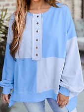 Недорогие Простые худи-Жен. Pullover Толстовки Пэчворк Пуговицы Контрастных цветов Мода Классика Современное Длинный рукав Вырез под горло Обычные топы Для улицы На каждый день Синий Черный Розовый Небесно-голубой Зеленый