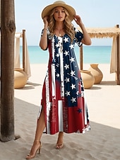 billiga Självständighetsdag Klänning-Självständighetsdagen Patriotisk Kvinnors Maxi Klänning T-shirt Klänning T-shirt Klänning Sommardress Casual Fjäril Ärmar Strand Lös Passform Grafisk Geometrisk Flagga Kortärmad Crewneck Vit Ljus Röd