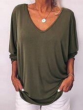 economico T-shirt semplice-T-Shirt Donna Colore Unito Stile Casual Manica Lunga Collo a V Top Regolari Giornalieri Bottoni Blu Nero Bianco Vino Verde Militare Estate Primavera Autunno