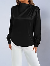 voordelige Chique Blouses-Dames Overhemd Satijnen overhemd Normaal shirt Met ruches Effen Stijlvol Basic Klassiek Lange mouw Hoge nek Normale tops Dagelijks Feestdagen Uitgaan Zwart Wit Wijn Rood Lente Herfst