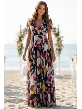 economico Lunghezza del pavimento-Linea ad A Lunghezza al pavimento Abito da cerimonia per signora Manica Corta Scollo a V Elegante Formale Ospite di nozze Chiffon con Blocco di Colore